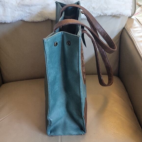 Classic Teal and Brown Tote Bag with Brown Faux Leather Accents - Picture 8 of 13
